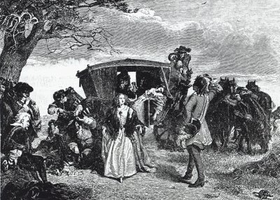 Valtatiemies Claude Duval on kuvattu legendaarisessa hetkessä, jolloin hän kieltäytyy ottamasta kaikkea saaliinsa, jos hänen uhrinsa vaimo tanssii "couranten" hänen kanssaan Hounslow Heathissa (kaiverrus) tekijältä William Powell (after) Frith