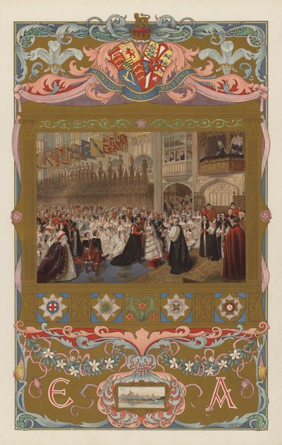 Tulevan kuningas Edward VII:n ja kuningatar Alexandran häät St Georgen kappelissa, Windsorissa, 10. maaliskuuta 1863 (värilitho) tekijältä William Powell (after) Frith
