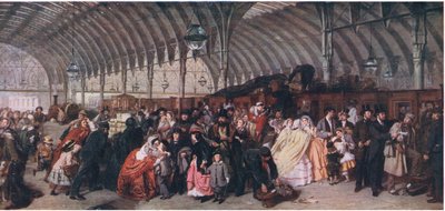 Rautatieasema, teoksesta Cassells History of the British People, jonka on julkaissut Waverley Book Company Limited, noin 1940. tekijältä William Powell Frith