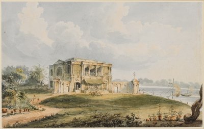 Näkymä Charles Prinsepin talosta, Ishurasta Hooghly-joen varrella (musta liitu, kynä ja ruskea muste vesivärillä paperille) tekijältä William Prinsep