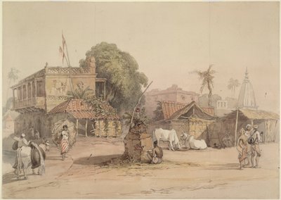 Kyläkohtaus, jossa on pieni "tulsi"-alttari ja vesikannettava härkä, Intia n. 1830-40 tekijältä William Prinsep
