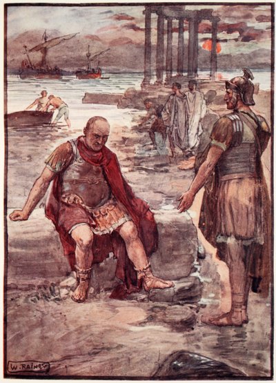 Maanpaossa oleva Marius Karthagon raunioiden keskellä, kuvitus teoksesta "Plutarkoksen elämä pojille ja tytöille", jonka on kertonut uudelleen W.H. Weston, Lontoo n. 1910 (väri litho) tekijältä William Rainey