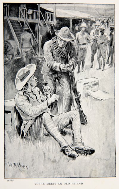Yorke tapaa vanhan ystävän, piirros G.A.:n teoksesta "Robertsin kanssa Pretoriaan: Tarina Etelä-Afrikan sodasta". Henty, pubi. Lontoo, 1902 tekijältä William Rainey