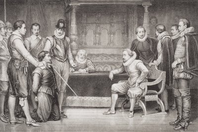 Guy Fawkesia (1570-1606) James I (1566-1625) ja hänen neuvostonsa kuulustelivat kuninkaan makuuhuoneessa "Illustrations of English and Scottish History" -osasta. tekijältä William Ralston