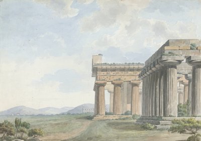 Näkymiä Levantissa: Paestumin temppelin rauniot, n. 1785 (wc, kynä ja muste grafiitin päällä paperilla) tekijältä William Reveley
