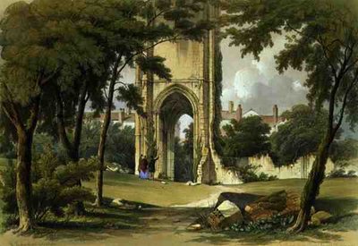 Grey Friars, Richmond, näkymä tornille, teoksesta "Yorkshiren luostarin rauniot", kaiverrus George Hawkins (1819-52) tekijältä William Richardson