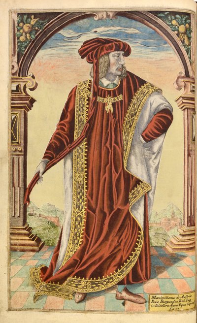 Keisari Maximilian I, of Honor Military, ja Civil, William Segar, pub. Robert Barker, Lontoo, 1602 (käsinvärinen kaiverrus) tekijältä William Rogers