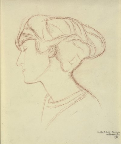 Naisen pää (Parthenia Passano?) profiilissa vasemmalla tekijältä William Rothenstein
