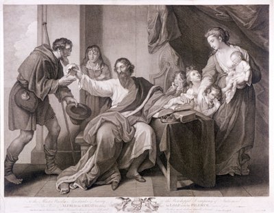 Alfred Suuri jakamassa leipäänsä pyhiinvaeltajalle, 1782 tekijältä William Sharpe