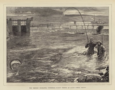 Länsiylängöt, Connemara, lohenkalastus Lough Corribissa, Galwayssa tekijältä William Small