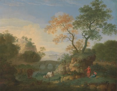 Maisema kaukaisten klassisten raunioiden, sillan, hahmojen ja karjan kanssa tekijältä William Smith