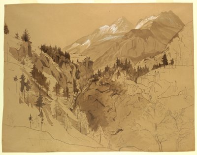Piirros, Vuoret lähellä Meiringeniä, Sveitsi, 1856 tekijältä William Stanley Haseltine