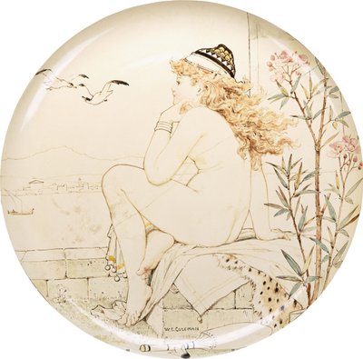 Minton Art Pottery Studion laturi, maalattu merelle tuijottavalla alastonkuvalla, 1800-luku tekijältä William Stephen Coleman