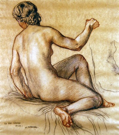 Tutkimus naisesta, joka istuu takaapäin, n. 1890 (hiili, punainen ja valkoinen liitu paperille) tekijältä William Strang