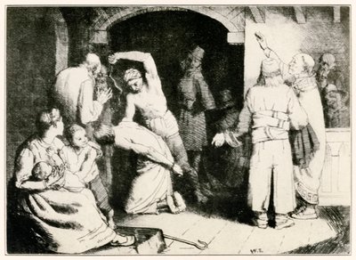 The Scourging of Faithful from The Pilgrims Etenee tästä maailmasta siihen, mikä on tuleva, John Bunyan (1628-1688) kuvitus William Strang (1859-1921) Faithfulia kidutetaan oikeudenkäynnin jälkeen tekijältä William Strang