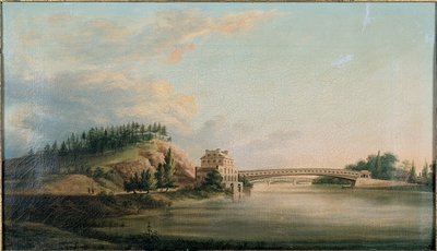 Näkymä sillalta Schuylkill-joen yli, n. 1815 tekijältä William Strickland
