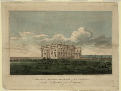 Näkymä Valkoisesta talosta Washingtonin kaupungissa 24. elokuuta 1814 alkaneen tulipalon jälkeen, 1. tekijältä William Strickland