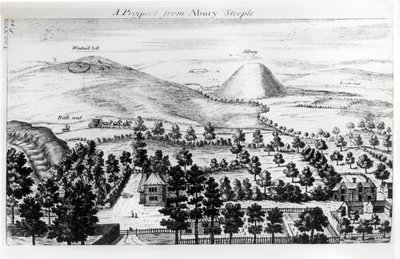 Näkymä Silbury Hillin Avebury-tornista, kuvitus William Stukeleyn teoksesta Stonehenge: brittiläisille druideille entisöity temppeli, 1740 tekijältä William Stukeley