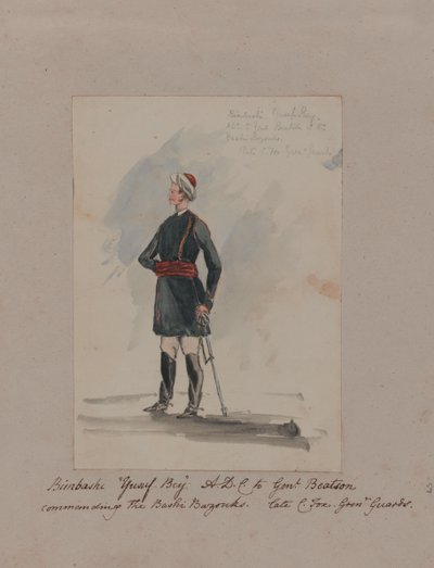 Bimbashi Yusuf Bey A.D.C. to Genl. Beatson komentaa Bashi Bazoukeja. Myöhäinen C. Fox. Grenr Guards (akvarelli) tekijältä William Thomas Markham