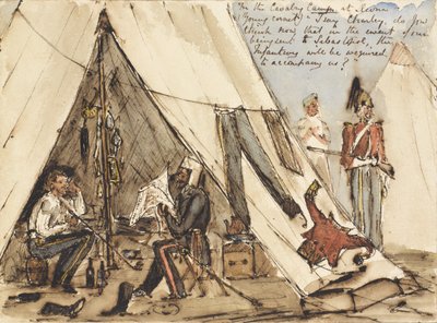 Ratsuväen leirissä Devnassa (nuori kornetti) "Sanonpa Charley, luuletko nyt, että jos meidät lähetetään Sebastopoliin, jalkaväkeä tarvitaan mukaamme?", noin 1854 (tussi ja tussi ja wc). tekijältä William Thomas Markham