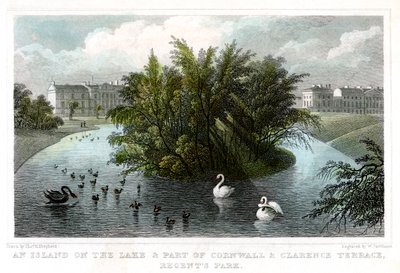 Saari järvellä ja osa Cornwall and Clarence Terracesia, Regents Park, Lontoo, 1828. tekijältä William Tombleson