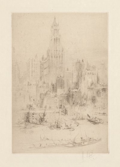 Manhattanin keskusta East Riverin varrelta ja Woolworth Building tekijältä William Walcot