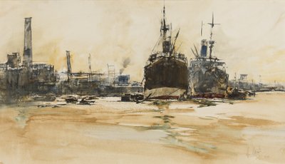 Lontoon allas, 1924 (kynä, sivellin, muste, wc ja guassi paperilla) tekijältä William Walcot