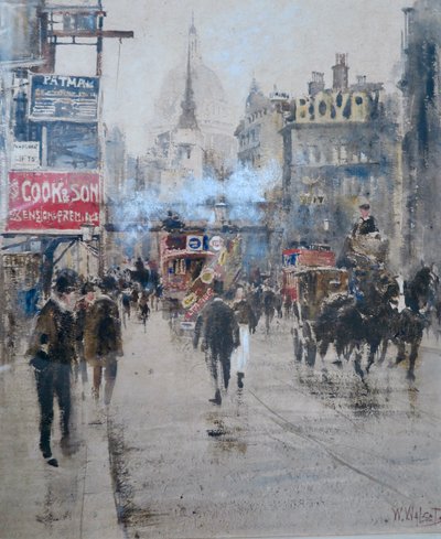 Fleet Streetin ja Ludgate Hillin viadukti ja ohi kulkevan junan savu, n. 1910 (akvarelli). tekijältä William Walcott