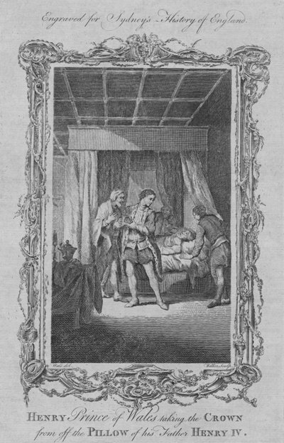 Henry Prince of Wales ottaa kruunun tämän isän Henry IV:n tyynyltä, 1773. tekijältä William Walker