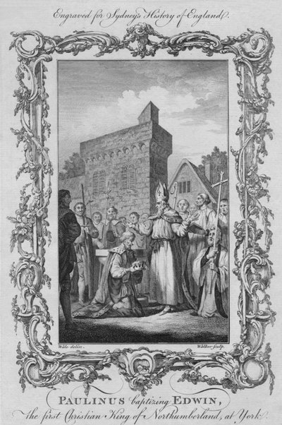 Paulinus kastamassa Edwinin, Northumberlandin ensimmäisen kristityn kuninkaan, Yorkissa vuonna 1773. tekijältä William Walker