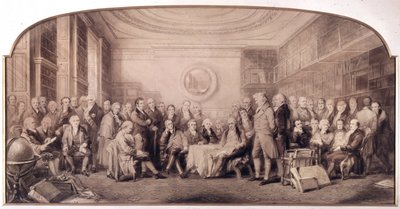 Tieteen merkittävimmät miehet 1807-1808. Kokous Englannin kuninkaallisen tiedeinstituutin kirjastossa. William Walkerin ja Sir John Gilbertin (1817 - 1897) kaiverrus - Eminent Men of Science Elävä vuonna 1807 - Eminent Men of Science tekijältä William Walker