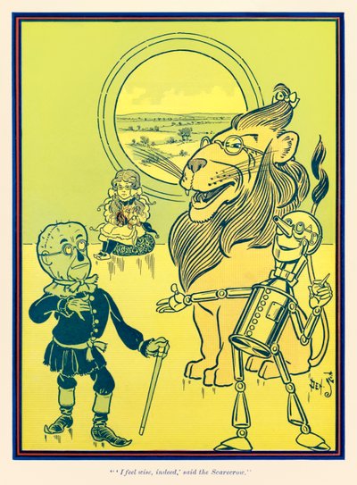 Tunnen itseni viisaaksi, sanoi variksenpelätin. L. Frank Baumin teoksesta The Wonderful Wizard of Oz tekijältä William Wallace Denslow