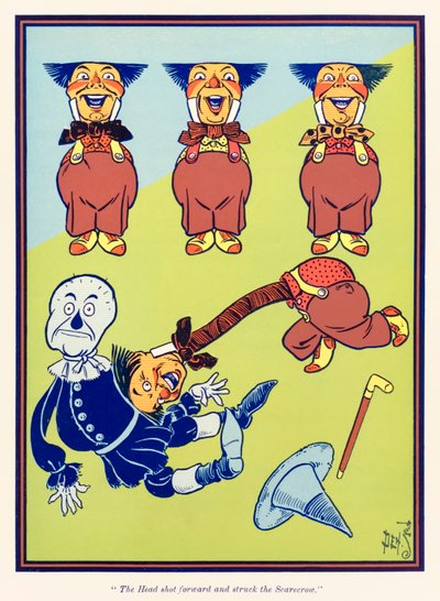 Pää ampui eteenpäin ja löi Scarecrow. L. Frank Baumin teoksesta Ihmeellinen velho Oz tekijältä William Wallace Denslow