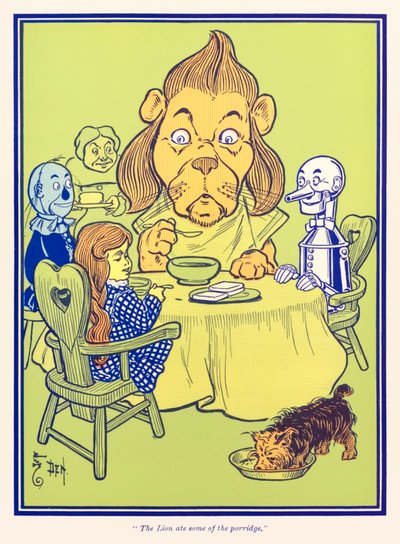 Leijona söi osan puurosta. L. Frank Baumin teoksesta The Wonderful Wizard of Oz (Ozin ihmeellinen velho) tekijältä William Wallace Denslow