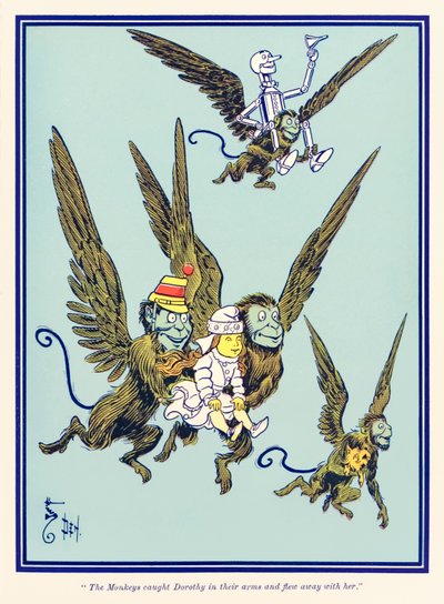 "Apinat saivat Dorothyn syliinsä ja lensivät pois hänen kanssaan." L. Frank Baumin "The Wonderful Wizard of Oz" tekijältä William Wallace Denslow