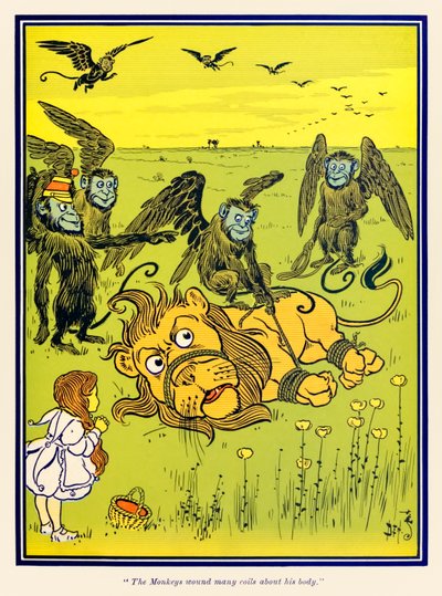 Apinat kietoivat monia kierteitä hänen ruumiinsa ympärille. L. Frank Baumin teoksesta The Wonderful Wizard of Oz tekijältä William Wallace Denslow