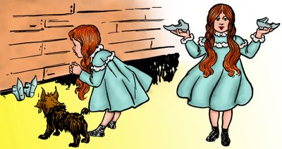 The Wonderful Wizard of Oz - The Wizard of Oz: Editoi kahta Denslowin kuvaa, William Wallace (1856-1915) teki Frank Baumin kirjan (1856-1919) ensimmäistä painosta varten vuonna 1900 - Dorothee (Dorothy) koiransa Toton kanssa. , palauttaa maagisen hopeashon tekijältä William Wallace Denslow