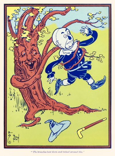 Oksat taipuivat alas ja kiertyivät hänen ympärilleen. L. Frank Baumin teoksesta The Wonderful Wizard of Oz tekijältä William Wallace Denslow