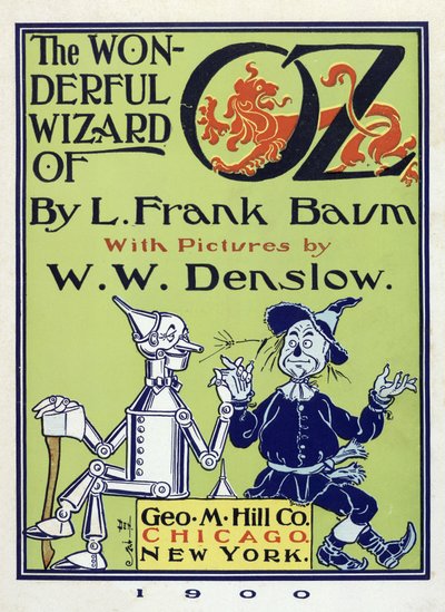Nimisivu Lyman Frank Baumin (1856 - 1919) pubista The Wonderful Wizard of Oz. 1900 (värilitografia) tekijältä William Wallace Denslow