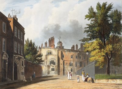 Charter House Squarelta, "History of Charter House Schoolista", osa "History of the Colleges", kaiverrettu Joseph Constantine Stadler (fl.1780-1812) pub. kirjoittanut R. Ackermann, 1816 (akvatinta) tekijältä William Westall