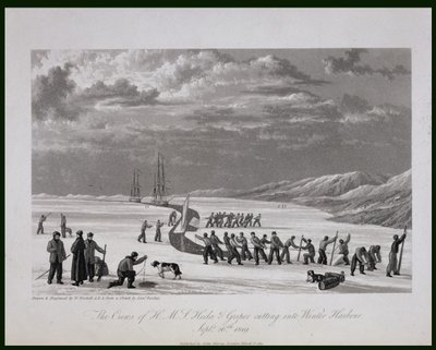 H.M.S. Hecla ja Griperin miehistöt leikkaavat Talvisatamaan 26. syyskuuta 1819, kirjasta "Journal of a Voyage for the Discovery of a North West Passage from the Atlantic to the Pacific performed in t" (päiväkirja matkasta, jonka tarkoituksena oli löytää lu tekijältä William Westall
