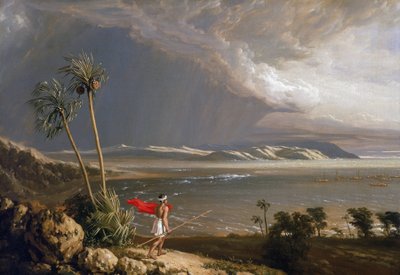 Näkymä Malay Bayn lahdelle Pobassoon saarella (Australia) helmikuussa 1803. William Westallin (1781-1850) öljy kankaalle 1800-luvun alussa. tekijältä William Westall