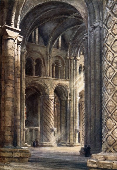 Durham, katedraalin sisäpuoli, joka näyttää laivan poikki etelään päin (väri litho) tekijältä William Wiehe Collins