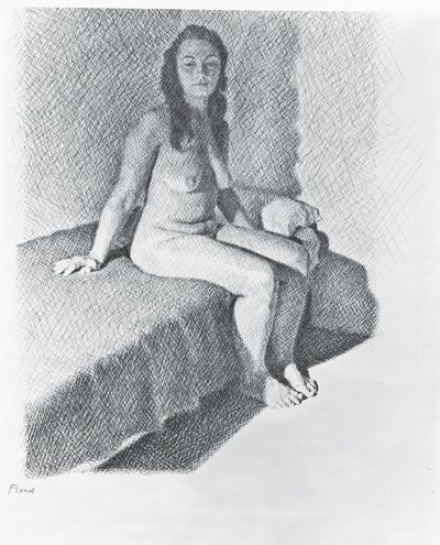 Istuva alaston, n. 1968-74 (kynä paperille) tekijältä William Wilkins