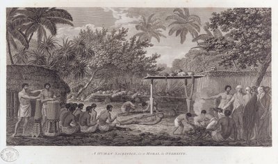 Ihmisuhri Tahitilla Etelä-Tyynenmeren alueella, c1773 tekijältä William Woollett