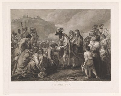 Englannin Charles II saapuu rannalle Doveriin 25. toukokuuta 1660 Restaurointi (otsikko esineessä) tekijältä William Woollett
