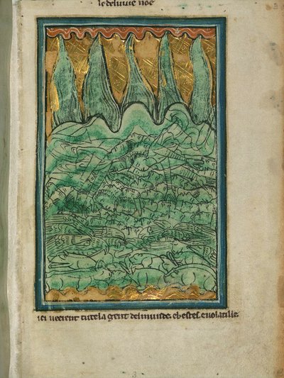 "Nooan tulva", n. 1250 (mustetta ja pigmenttiä pergamentissa) tekijältä William de Brailes