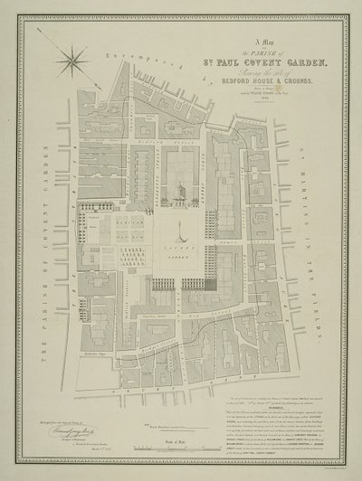 Kartta St. Paulin seurakunnasta Covent Gardenissa, jossa näkyy Bedford Housen ja sen tontti, julkaisija W.P. Metchim, 1686 tekijältä Willian Leybourn