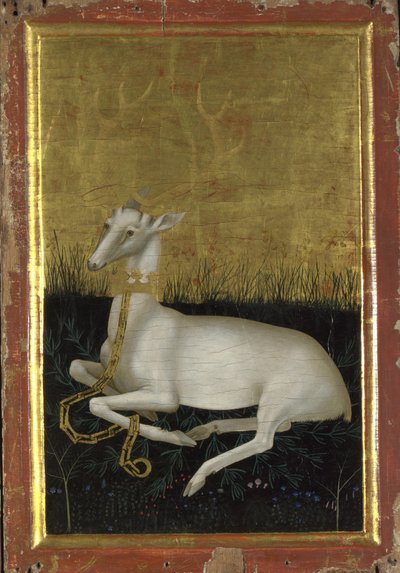 Valkoinen hartu kahlittu kruunu kaulassa Wiltonin diptyykin ulkopaneeli, vuosien 1395 ja 1399 välillä tekijältä Wilton Master