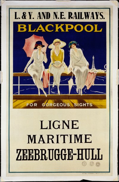 Blackpool, L.& Y. ja N.E. Rautatiet, n. 1930 (litografia väreissä) tekijältä Wilton Williams